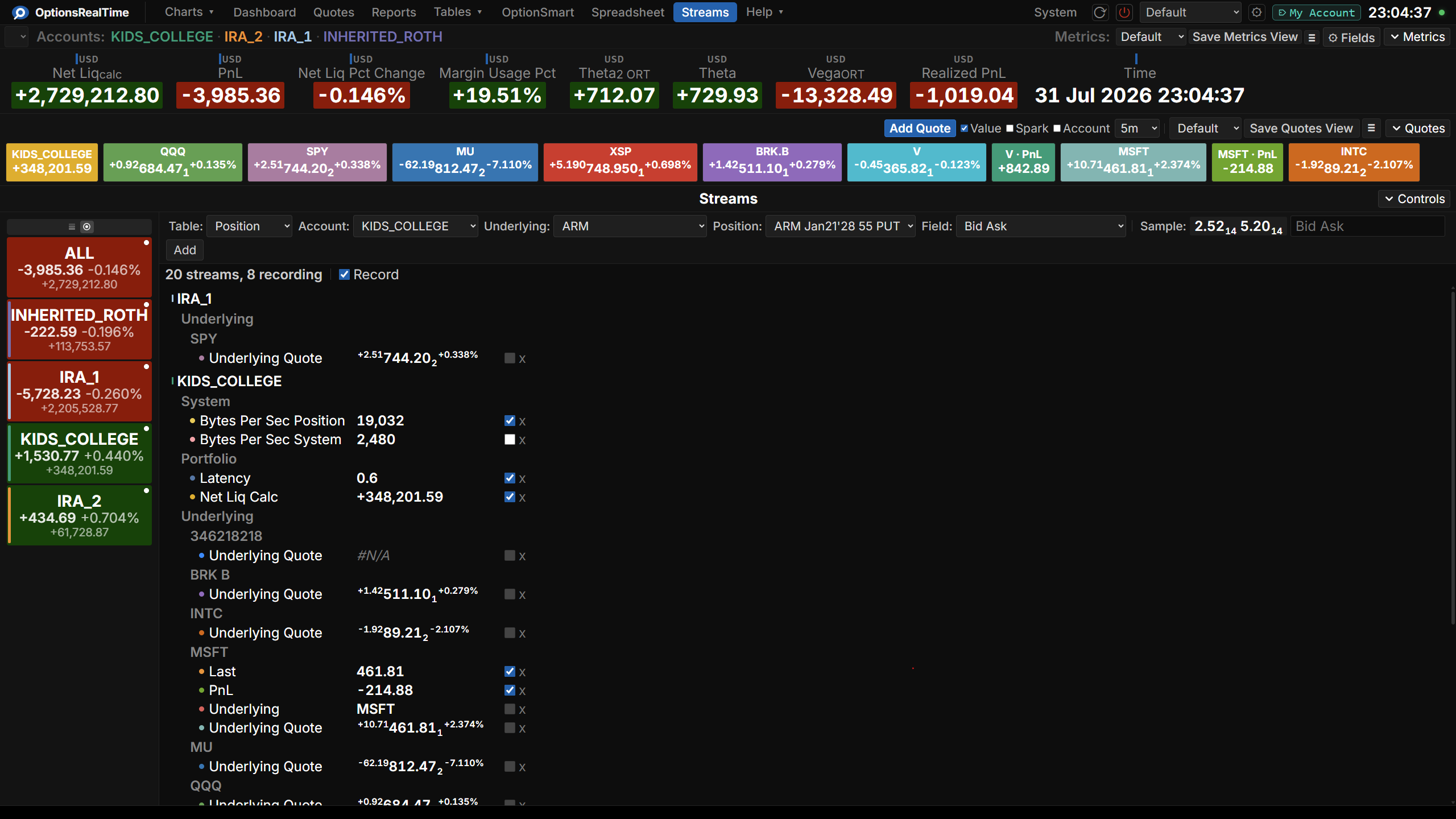 The Streams page